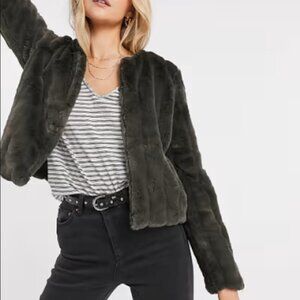 JDY Evelyn cropped faux fur jacket in black olive